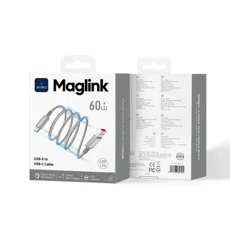Кабель WiWU Maglink USB-C/USB-C 60W 1.0м (Wi-C082) (серый)