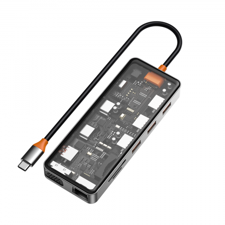 Адаптер Wiwu Cyber HUB USB-C 12 в 1 на 2xUSB 3.0/2xUSB 2.0/SD/TF (3.0)/2хHDMI/RJ45/VGA/PD/Audio (CB012) (Gray)